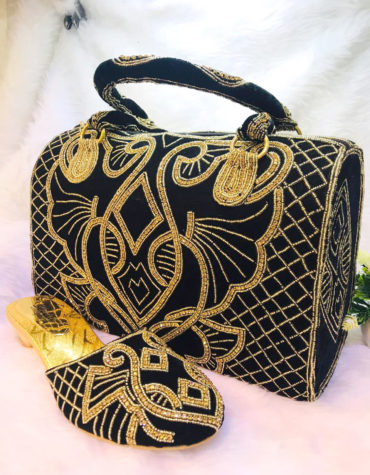 Wedding Gold Crystal Beaded Evening Black handbags with Mojri sandal for women