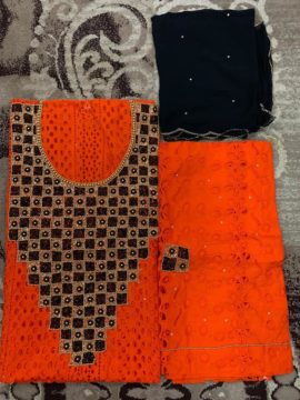 Cotton Orange Dry Lace 3 Pieces Beads Floral Design Work (DCL-043)