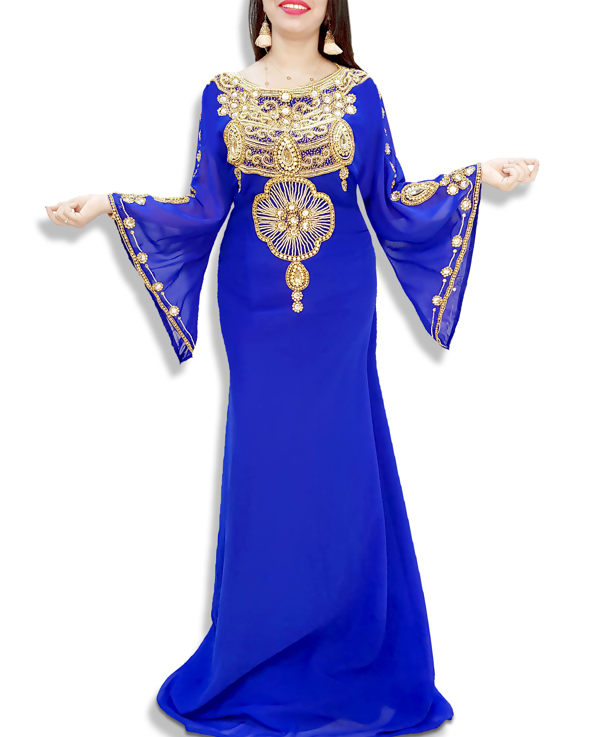 Golden Tulle Embraided with Inner Dress Dubai Kaftan Muslim Party Dress For Women