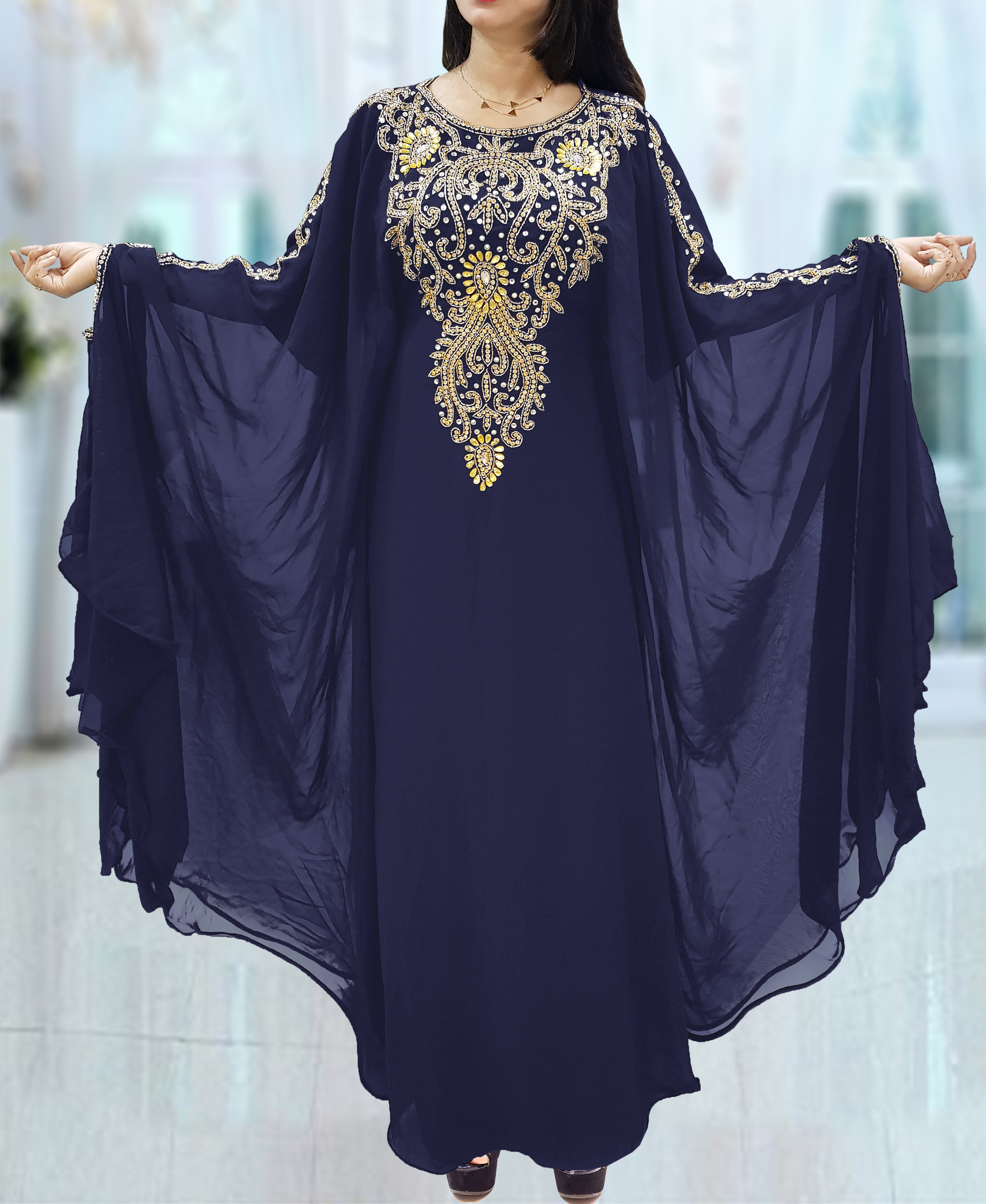 Dubai Kaftan For Women Beads Work Maxi Dress Gown Formal Chiffon