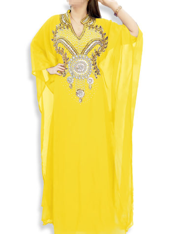 Embellished Wedding Moroccan Dress Plus Size Robe Dubai Kaftan Abaya for Women-Yellow