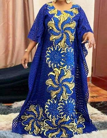 African Attire Fancy Golden & Royal Blue Swiss Voile Cambric Cotton Lace Fabric Material