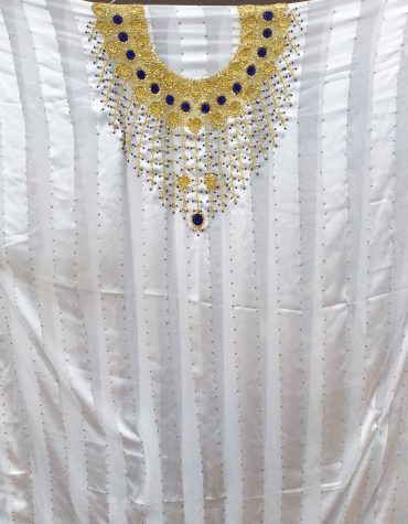 Satin Silk Lace Golden and Blue Seed Beaded White African Women Dress Material
