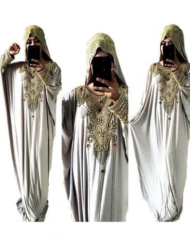 Moroccan Long Gold Embellished Abaya Dubai Lycra Kaftan With Beaded Headscarf