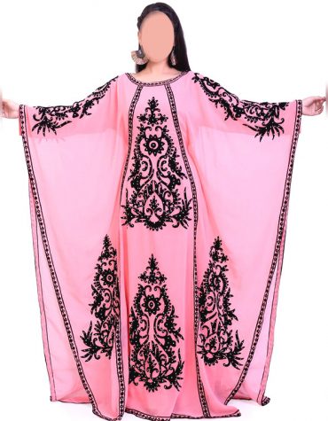 Evening Party Chiffon Kaftan Gown with Black Embroidery Thread Work for Women