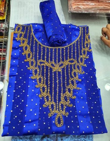 African Designer Women Attire Elegant Trendy Wear Satin Silk Embroidered Moroccan Beaded Dress Material