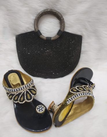New Elegant Black coloured Purse With Crystal Work & 1 Pair Of Sandals With Pearl And Crystal Work Mix