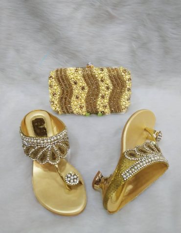 New African Designer Golden Pearl Clutch & 1 Pair Of Crystal worked Sandale