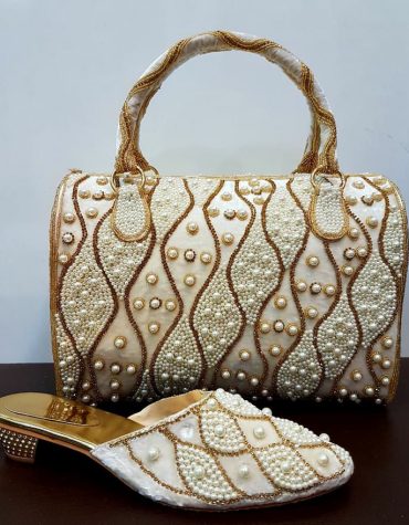 African Fashionable shoes & handbag Golden Stone &Seed Beads Designs for Party