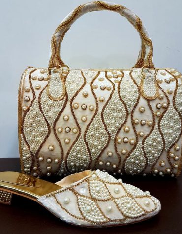 African Fashionable shoes & handbag Golden Stone &Seed Beads Designs for Party