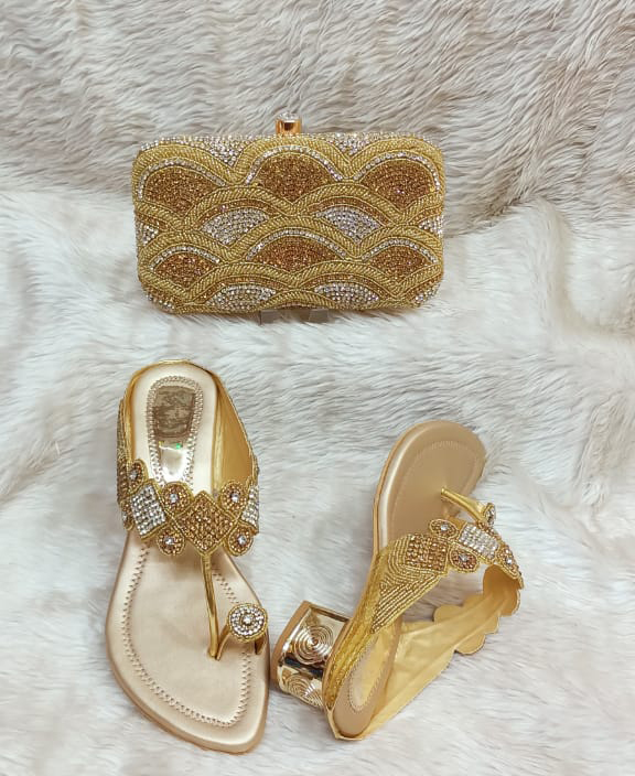 African Golden & Silver Beaded Hand Bag & Pearl Shoe Combo Pack For Women