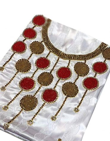 Satin Silk African Attire Party Wear Gold and Red Seed Beaded Stunning Dress Material