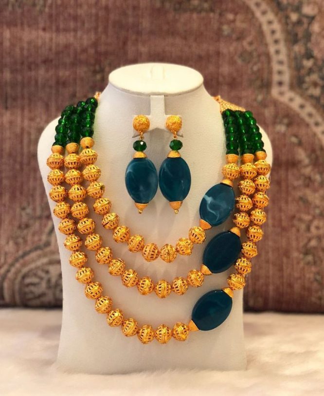 2 Gram Gold Marble Stone Beads Jewellery Necklace and Earrings Set For Women