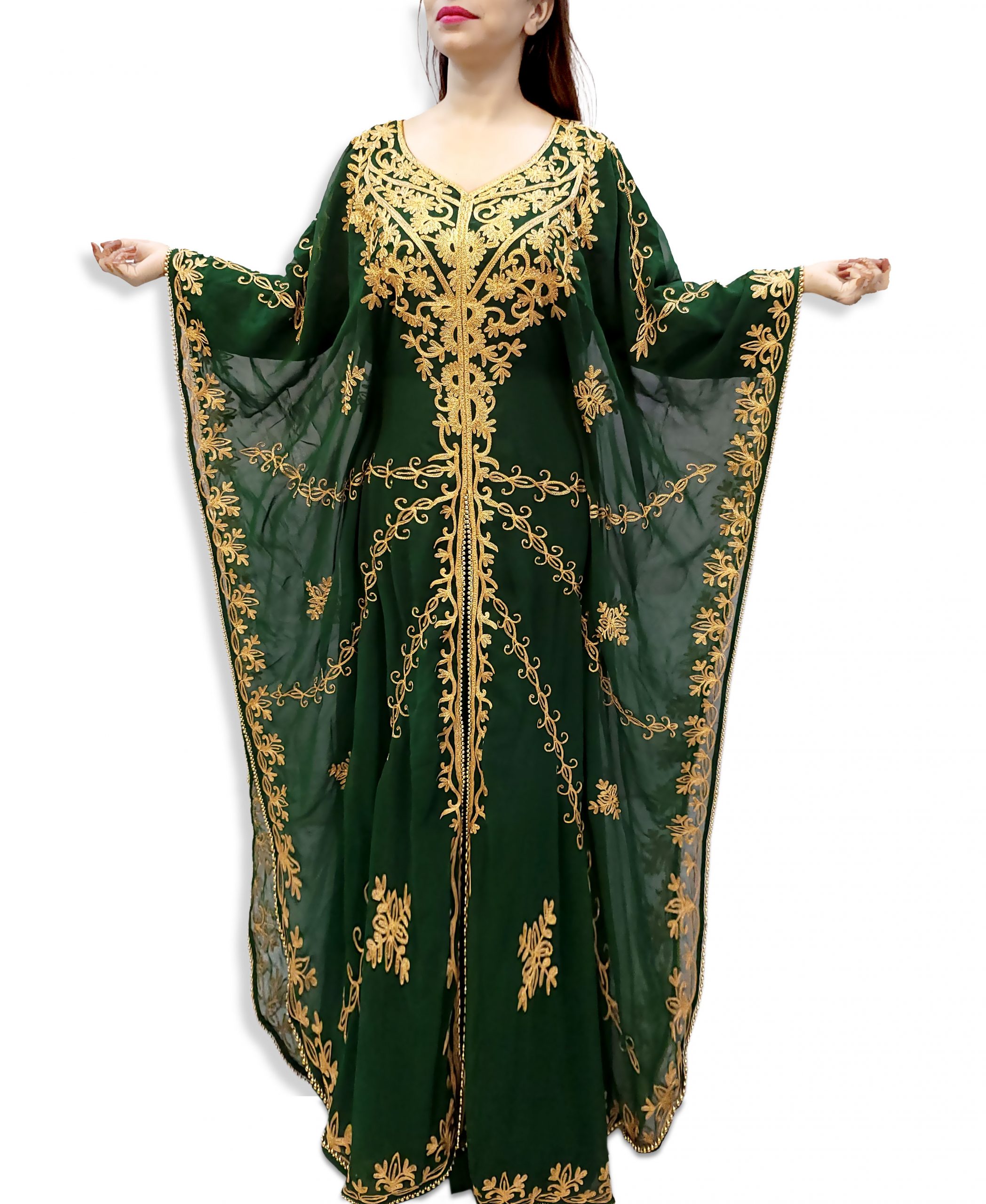 Golden Beaded Chiffon Kaftan Dress 