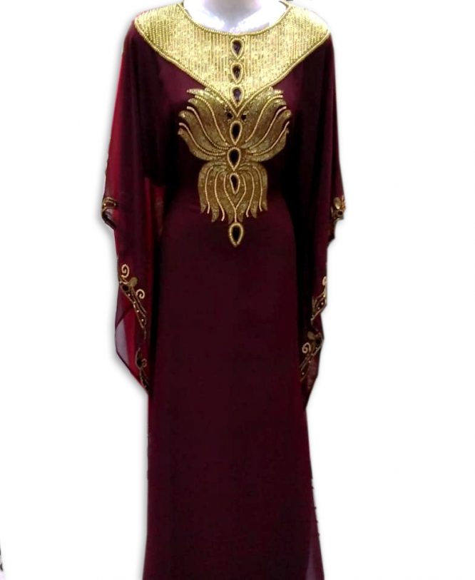 African Attire Premium Quality Chiffon kaftan Dress with Golden Stone Beaded