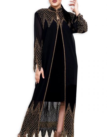 Long Shrug Abaya for Formal Evening Party Wear with Golden Rhinestone Beaded