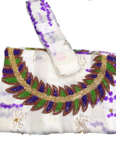 Off White Satin Silk Weightless Satin Golden Moroccan Beaded African Women Dress Material