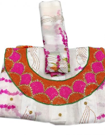 African Satin Silk Weightless Satin Rhinestone Beaded Off White Printed Dress Material