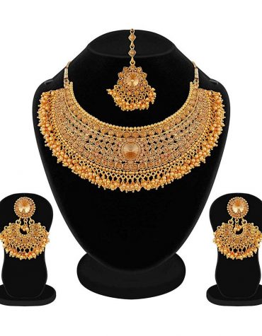 Latest Apara Bridal Gold Plated Pearl LCT Stones Necklace Set For Women (Golden)