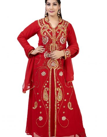 Women Muslim Formal Wedding Premium Dubai Kaftan Dress with Golden Beaded Work