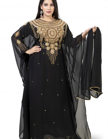 New Women Morroccan Designer Beaded Round Neck Farasa Style Kaftan Dress