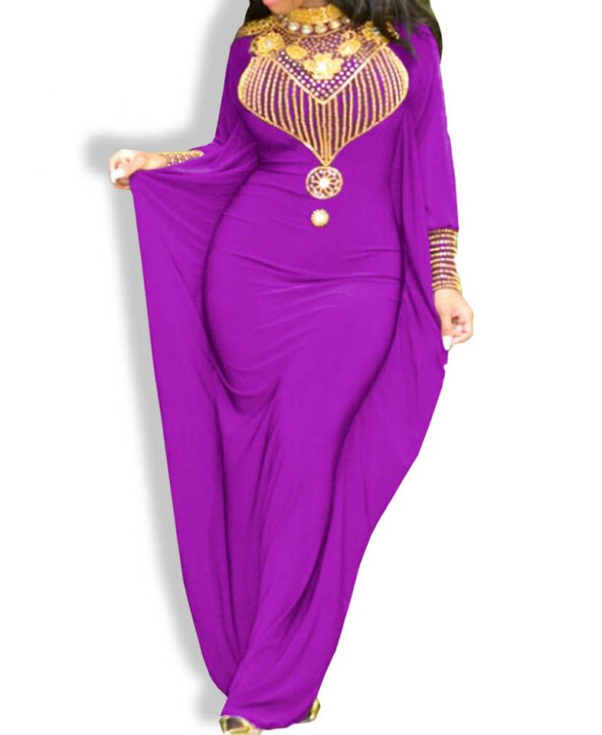 New Designer Embellished Evening Moroccan Beaded Long Purple Modest Spandex Kaftan