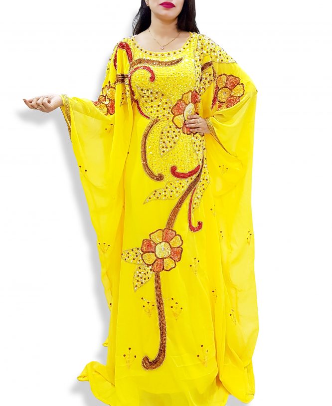 Dubai Yellow Kaftan Moroccan Dress Plus Size Embroidered Beaded Long Sleeve Caftan