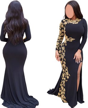 Gold Beaded Wedding Evening Prom Party Wear Side Slit Moroccan Black Lycra kaftan