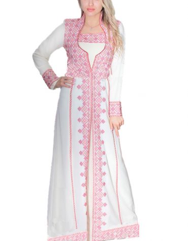 Latest Pink & Orange Unique Embroiderey Front Slit Kaftan With Long Sleeves Chiffon Dress