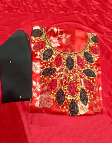 Premium Floral Designer Satin Silk Evening Moroccan Beaded Dress Material For Women