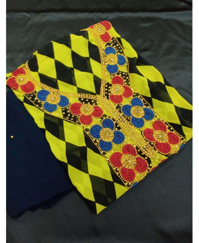 Trendy Black & Yellow Printed Designer Satin Silk Party Dress Material for Women
