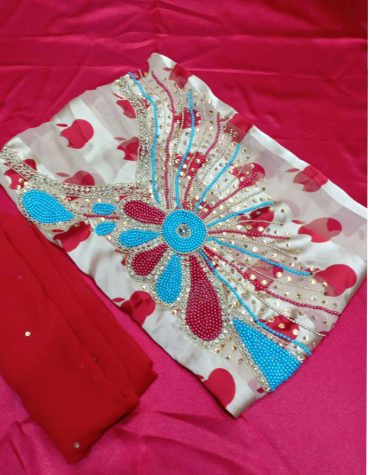 New Latest Apple Print On Beaded Satin Silk Dress Material For Women