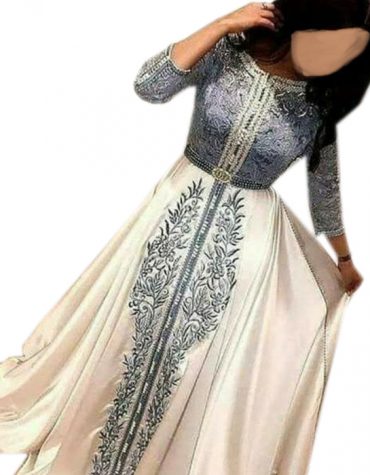 Satin Silk Grey Lace Work Full Sleeve Prom Dress For Women
