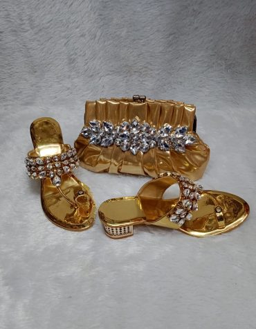 Trendy Hard Material Clutch & 1 Pair Of Crystal Worked Sandal