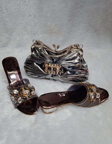 New Trendy Hard Material Clutch & 1 Pair Of Crystal Worked Sandal