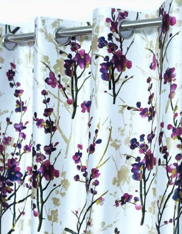 High Quality Heavy Long Crush Polyester Floral Print Eyelet Curtains Set of 2