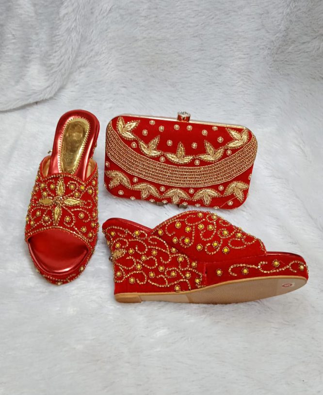 Latest Clutch Purse & Sandal In Red With Golden Beads For Women