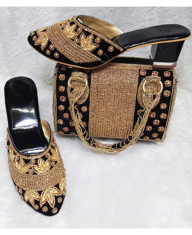 Trendy Golden Beaded Clutch & Crystal Worked Sandal For Women