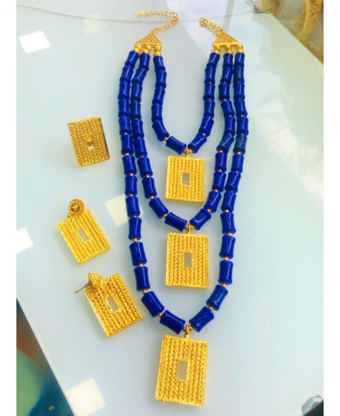 Trendy African Krobo Glass Beads Blue Necklace Party Wear For Women