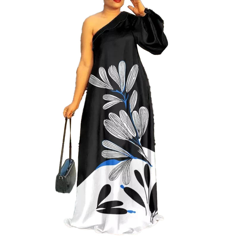 New Latest Plus Size One Shoulder Sundress Women Long Sleeve Floral ...