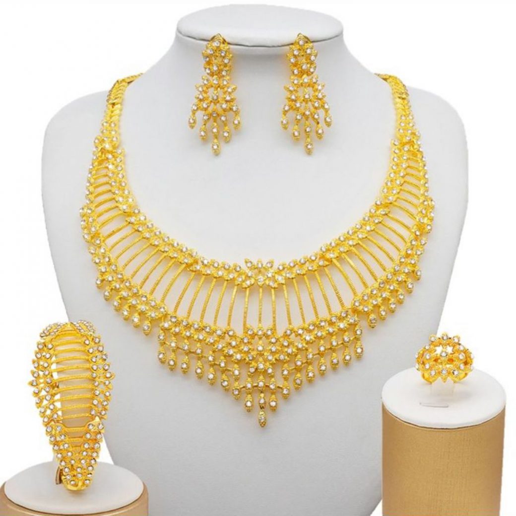Latest Double Chained Round Pendant Gold Platted Set for Women