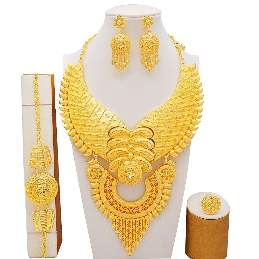 Luxury Arabic Necklace&Earrings Jewelry Set For Women Dubai Gold Color  Jewellery Sets African Ethiopian Wedding Gifts