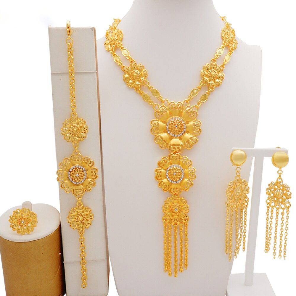 Luxury Crystal Flower Dubai Gold Color Jewelry Sets For Women Bridal Long  Tassel Necklace Sets African Arab Wedding Party Gifts - African Boutique