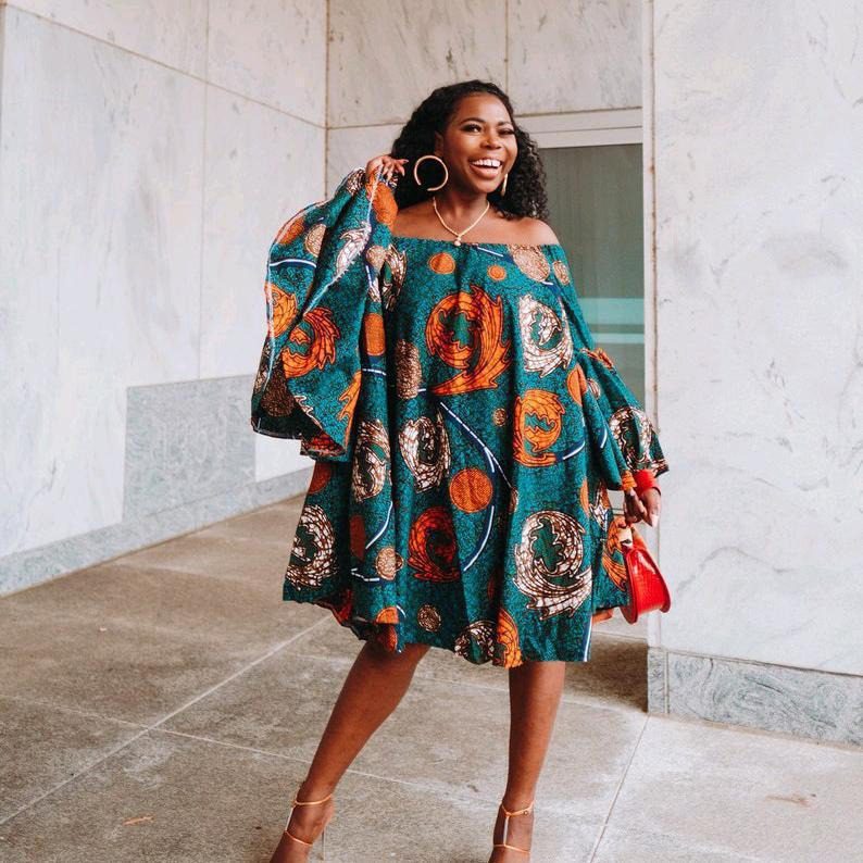Polyester African Dress For Women Flower Print Slash Neck Off The
