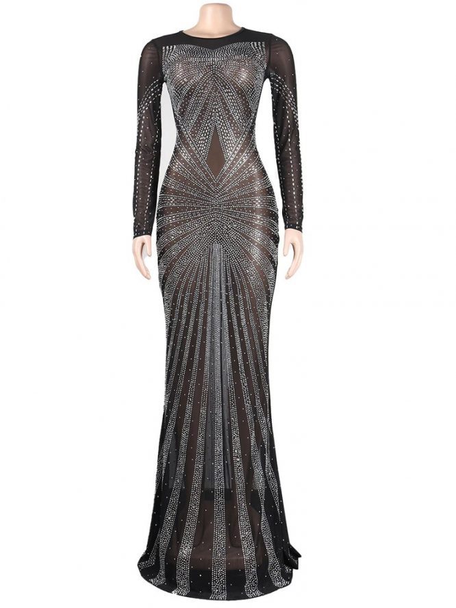 Kricesseen Sexy Rhinestone Crystal Mesh See Through Maxi Dress Sparkle Womens Dimonds Birthday