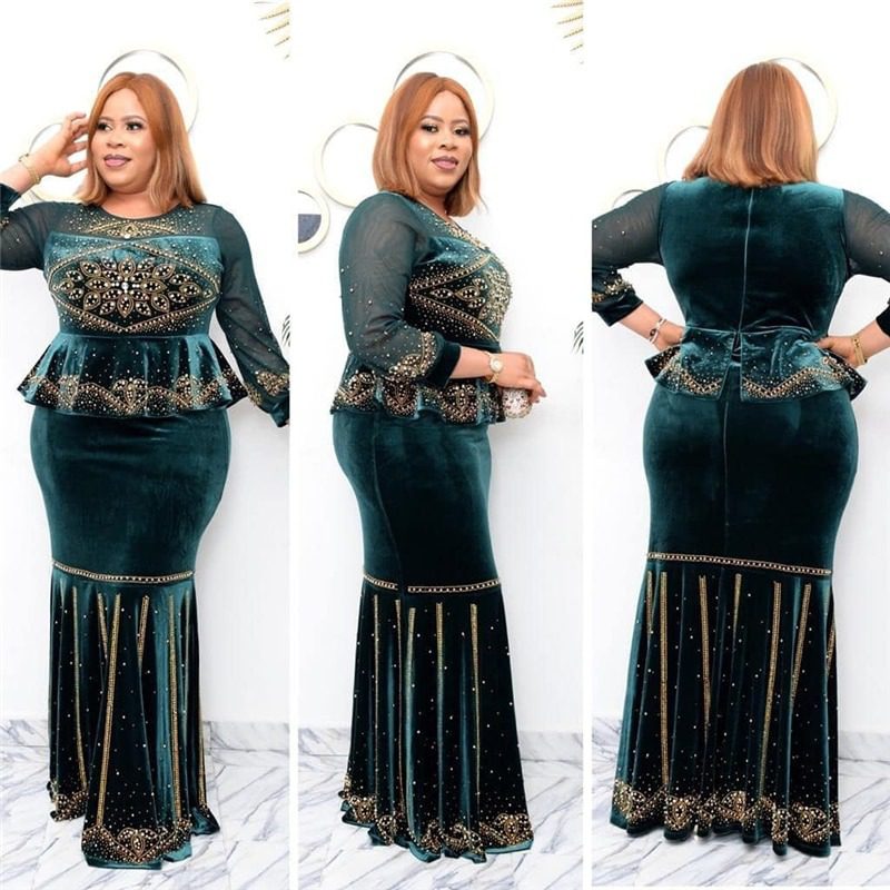 Dark Green Lace Beaded Arabic Aso Ebi Green Velvet Prom Dress For