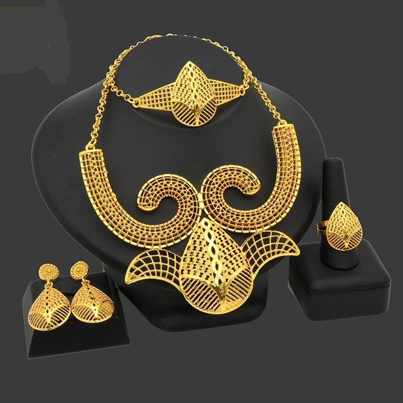 Golden Brass Kundan Polki Bridal Jewelry Set